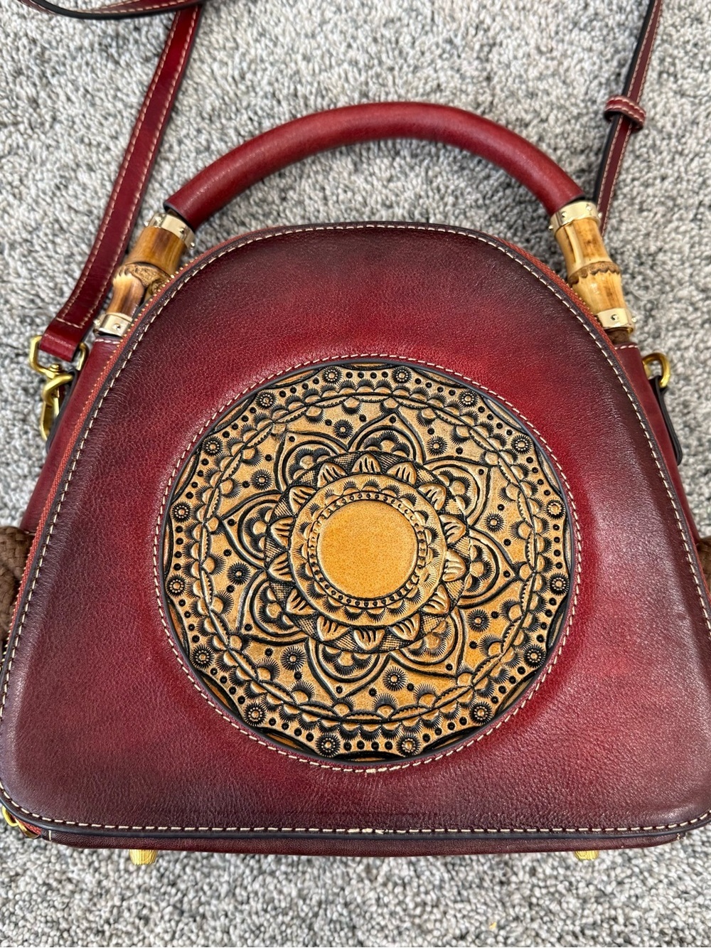 Red Genuine Leather Retro Top Handle Structured Crossbody Stachel Bag Zip Close - Picture 4 of 16